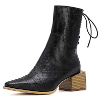 Pointed Toe Medium Block Heels Ankle High Autumn Crocodile Embossed Back Lace Up Side Zipper Boots - Black