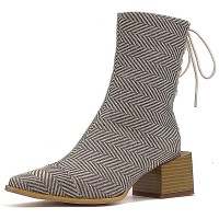 Pointed Toe Medium Block Heels Ankle High Autumn Herringbone Pattern Back Lace Up Side Zipper Boots - Black
