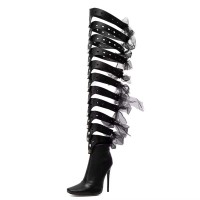 Pointed Stiletto Heels Over The Knees Thigh High Gothic Style Summer NightClub Performance Boots - Black Faux Leather