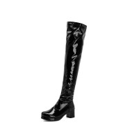 Chunky Heels Round Toe Back Zipper Candy Knee High Boots - Black