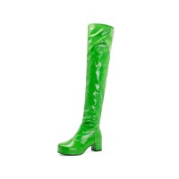 Chunky Heels Round Toe Back Zipper Candy Knee High Boots - Green