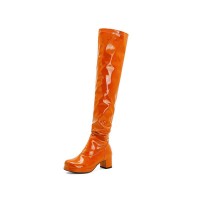 Chunky Heels Round Toe Back Zipper Candy Knee High Boots - Orange