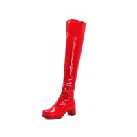 Chunky Heels Round Toe Back Zipper Candy Knee High Boots - Red