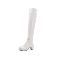 Chunky Heels Round Toe Back Zipper Candy Knee High Boots - White