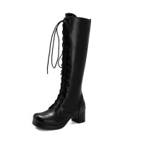 Chunky Heels Round Toe Knee High Lace-Up Boots with Side Zipper - Black