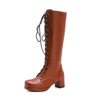Chunky Heels Round Toe Knee High Lace-Up Boots with Side Zipper - Brown
