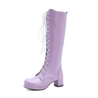 Chunky Heels Round Toe Knee High Lace-Up Boots with Side Zipper - Purple