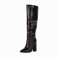 Pointed Toe Chunky Heels Knee Highs Fashionable High Tube Boots - Black Faux Leather