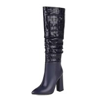Pointed Toe Chunky Heels Knee Highs Fashionable High Tube Boots - Blue Faux Leather