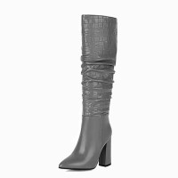 Pointed Toe Chunky Heels Knee Highs Fashionable High Tube Boots - Gray Faux Leather