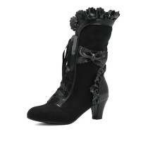 Round Toe Lace Up Victorian Style Butterfly Knot Cosplay Costumes Kitten Heels Knee Highs Booties - Black