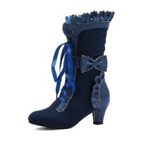 Round Toe Lace Up Victorian Style Butterfly Knot Cosplay Costumes Kitten Heels Knee Highs Booties - Blue