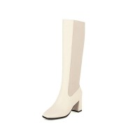 Chunky Heels Pull On Knee High Strecth Boots - Beige