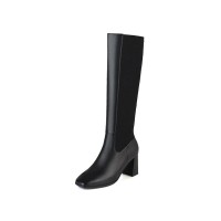 Chunky Heels Pull On Knee High Strecth Boots - Black