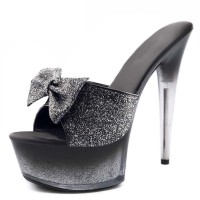 Peep Toe Stiletto Heels Glitters Bowtie Ribbon Platforms Sandals Slippers - Black Sequined Cloth