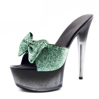 Peep Toe Stiletto Heels Glitters Bowtie Ribbon Platforms Sandals Slippers - Green Sequined Cloth