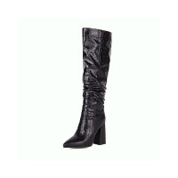 Chunky Block Heels Pointed Toe Knee High Pull On Crocodile Embossed Boots - Black