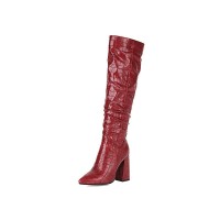 Chunky Block Heels Pointed Toe Knee High Pull On Crocodile Embossed Boots - Red