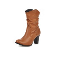 Chunky Heels Round Toe Western Cowboy Pull On Ankle Boots - Auburn