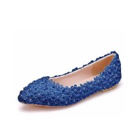 Pointed Toe Lace Flower Decorated Ballets Flats - Blue