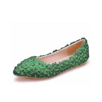 Pointed Toe Lace Flower Decorated StPatricks Ballets Flats - Green