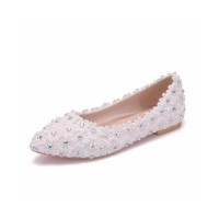 Pointed Toe Lace Flower Decorated Ballets Flats - Ivory