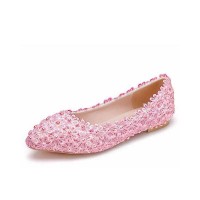 Pointed Toe Lace Flower Decorated Ballets Flats - Pink