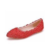 Pointed Toe Lace Flower Decorated Christmas Ballets Flats - Red