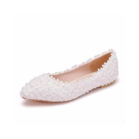 Pointed Toe Lace Flower Decorated Wedding Bride Ballets Flats - White