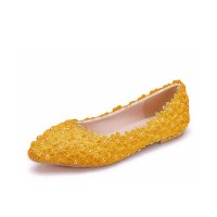 Pointed Toe Lace Flower Decorated Ballets Flats - Yellow