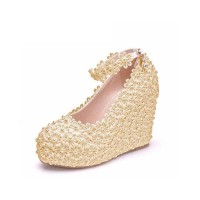 Round Toe 4 Inches Heels Lace Flower Decorated Platforms Ankle Straps Wedges - Beige