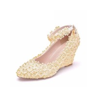 Pointed Toe 3 Inches Heels Lace Flower Decorated Platforms Ankle Straps Wedges - Beige