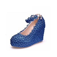 Round Toe 4 Inches Heels Lace Flower Decorated Platforms Ankle Straps Wedges - Blue