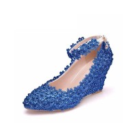 Pointed Toe 3 Inches Heels Lace Flower Decorated Platforms Ankle Straps Wedges - Blue