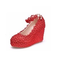 Round Toe 4 Inches Heels Lace Flower Decorated Platforms Ankle Straps Christmas Wedges - Red