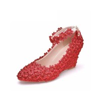 Pointed Toe 3 Inches Heels Lace Flower Decorated Platforms Ankle Straps Christmas Wedges - Red