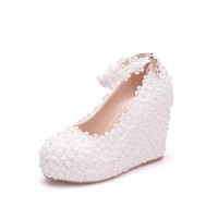 Round Toe 4 Inches Heels Lace Flower Decorated Platforms Ankle Straps Wedding Bride Wedges - White