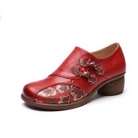 Round Toe Flower Decorated Bohemian Vintage Chunky Heels Loafer Pumps - Red Faux Leather