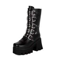 Round Toe Belt Buckle Double Row Rivet Chunky Heels Platforms Knee Highs Boots - Black Faux Leather