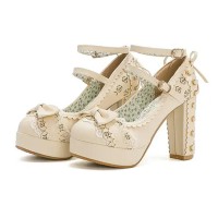 Round Toe Chunky Heels Victorian Style Vintage Mary Janes Bowknot Platforms Pumps - Beige