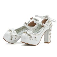 Round Toe Chunky Heels Victorian Style Vintage Mary Janes Bowknot Platforms Pumps - White