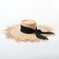 Fringed Wide Brim Raffia  Straw Ribbon Bowknot Summer Beach Vacation Hat - Beige