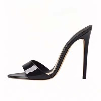 Pointed Open Toe Stiletto Heels Shiny  Slippers Sandals - Black Patent