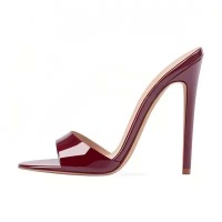 Pointed Open Toe Stiletto Heels Shiny  Slippers Sandals - Burgundy Patent