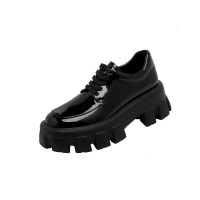 Round Toe Lace Up Chunky Heels Platforms Wednesday School Patent Loafers - Black