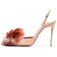 Pointed Toe Pom Poms Stiletto Heels Slingback Sandals Pumps - Nude