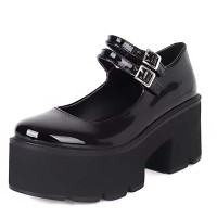 Round Toe Mary Janes Platforms Chunky Heels Pumps - Black Patent