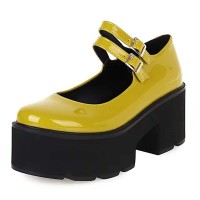 Round Toe Mary Janes Platforms Chunky Heels Pumps - Yellow Patent
