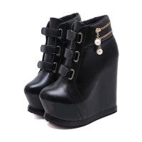 Round Toe Ankle Highs Zipper Platforms Faux Pearl Wedges Shoes - Black Faux Leather
