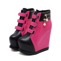 Round Toe Ankle Highs Zipper Platforms Faux Pearl Wedges Shoes - Pink Faux Leather